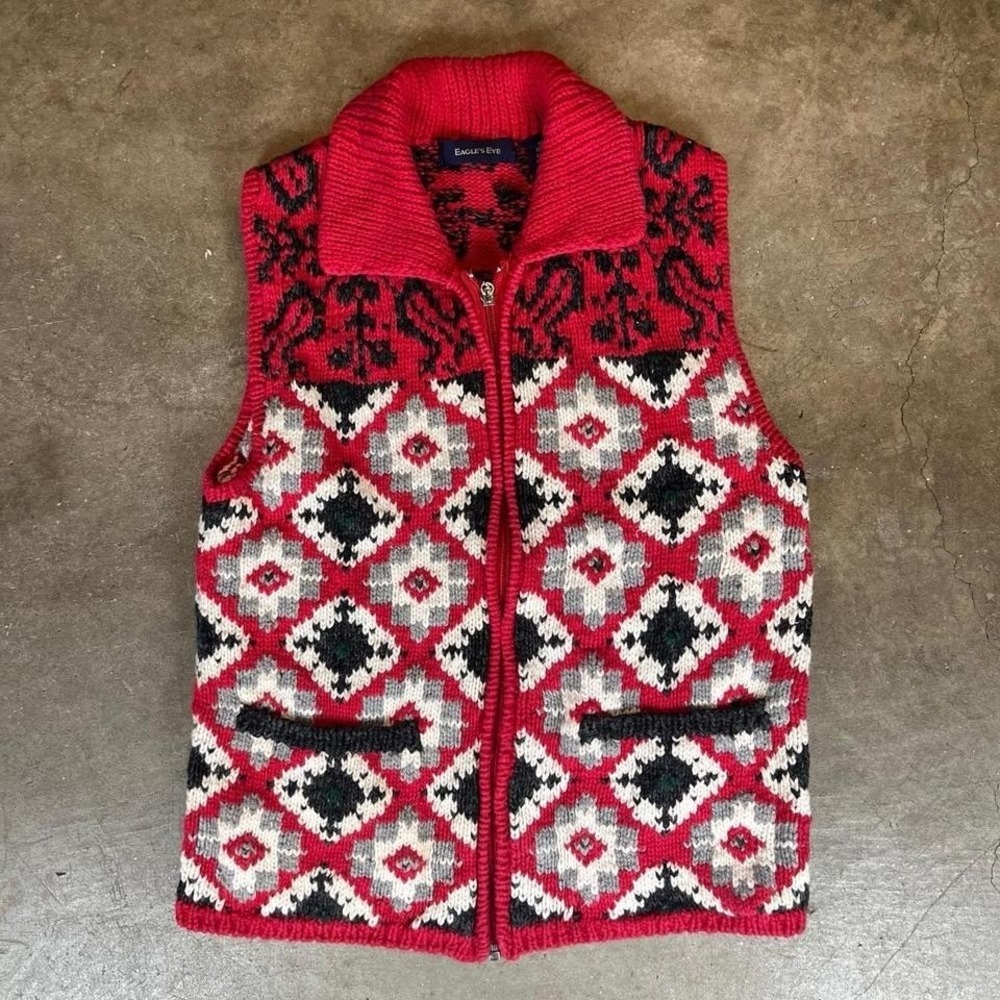 Eagle's Eye red & black patterned zip up sweater vest Women's Size Small - Picture 1 of 5